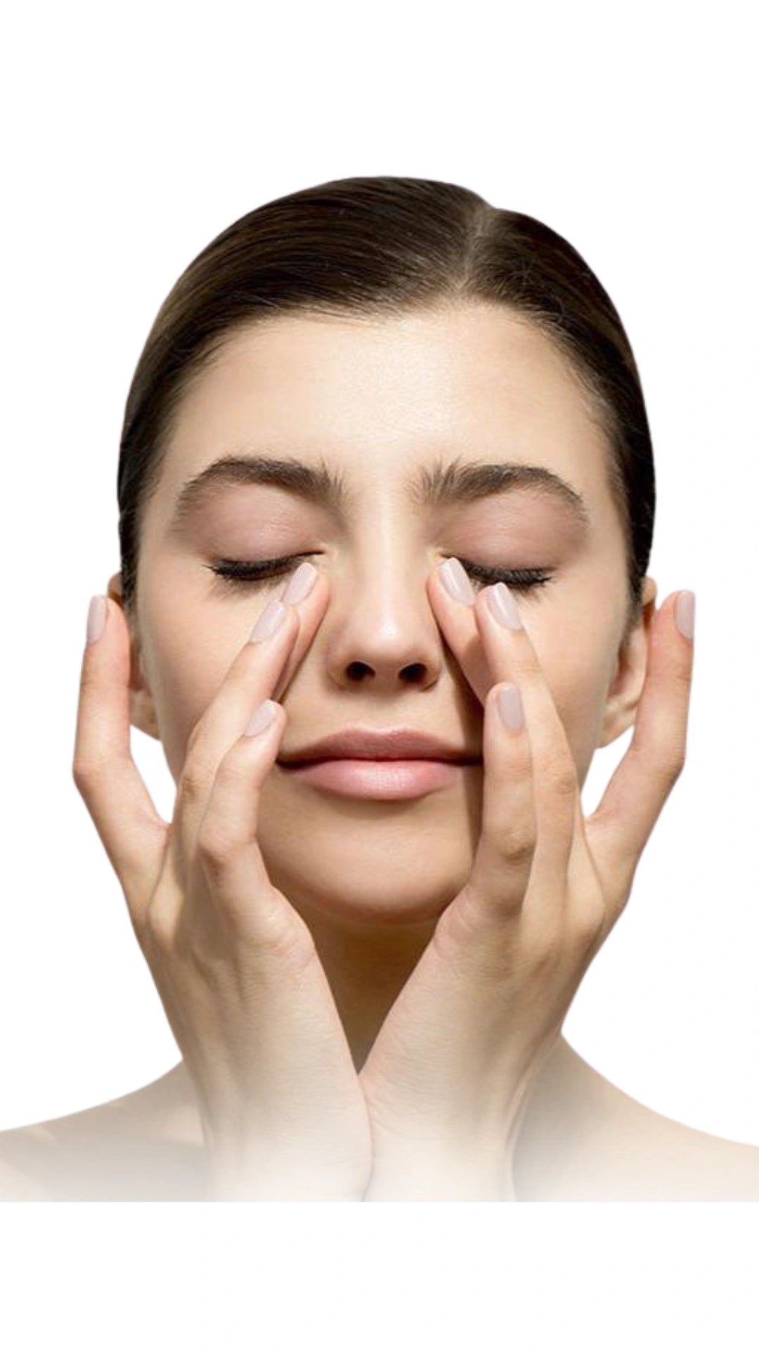 Woman with hands on face against a white background