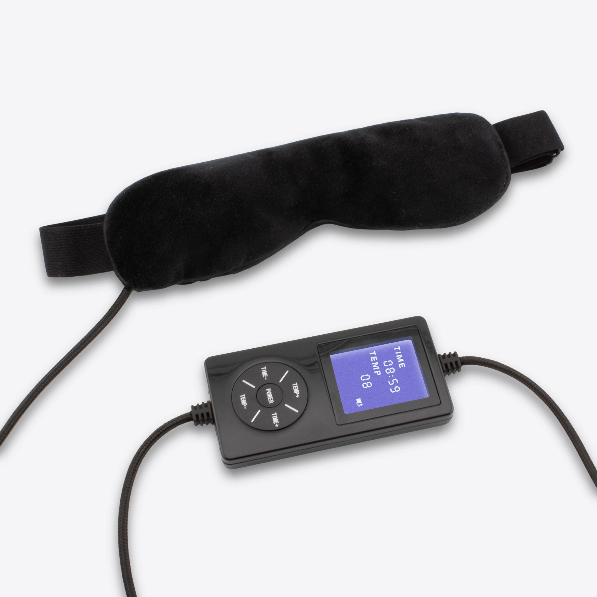 wizard research heated eye mask and controller on grey background